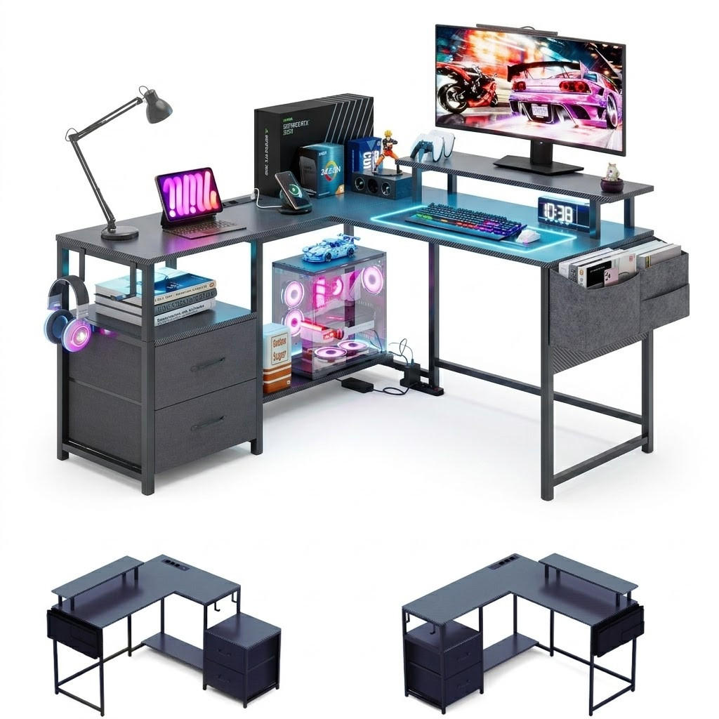 GAMINGTISCH L-förmig,120 x 120 x 75 cm,Eckschreibtisch mit Ablagefach,mit Monitorständer,2 USB mit 3 Buchsen,Schwarz - Schwarz, Metall (120/40/75cm)