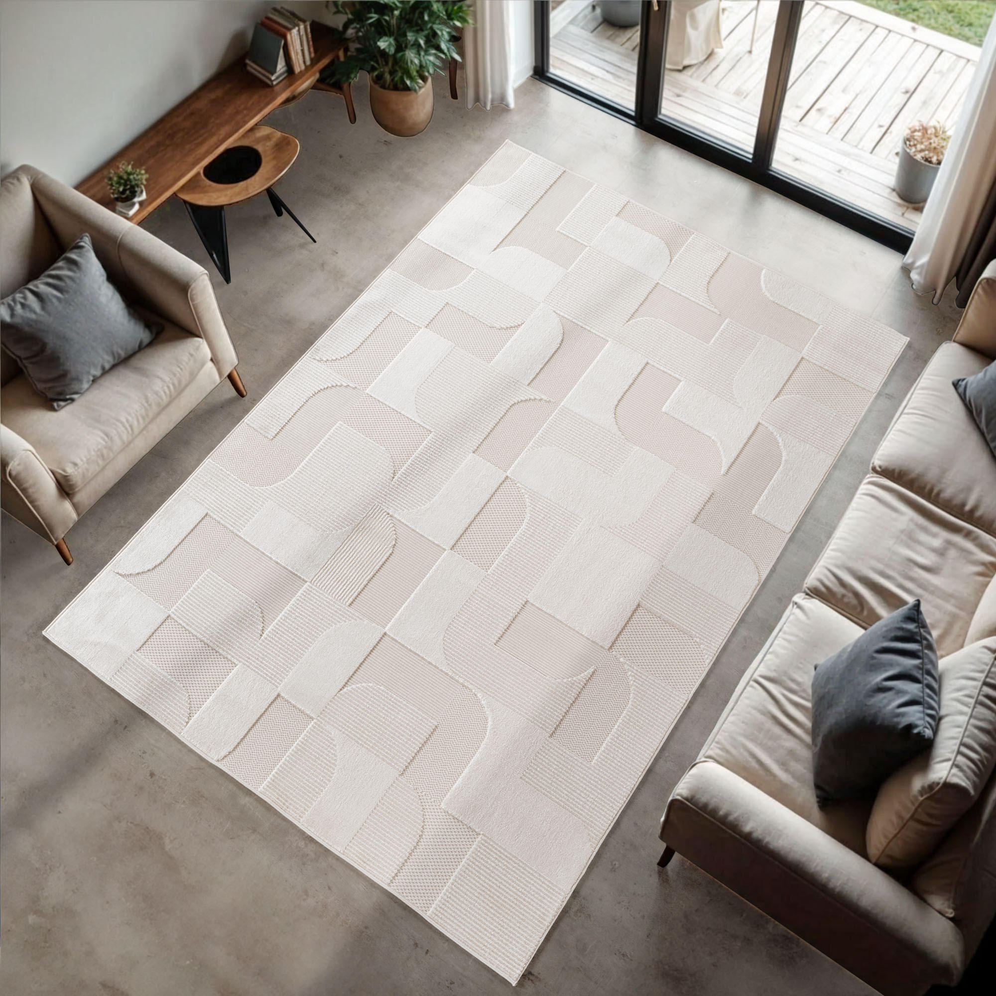 TEPPICH In-/Outdoor Kurzflor 3D-Optik Polypropylen Terrasse Creme Rechteckig 160x230 - Creme, Textil (160/230cm) - KADIMA DESIGN