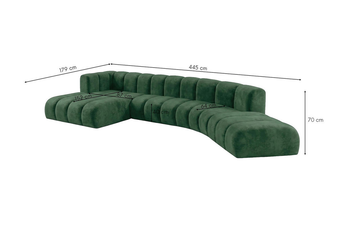 ECKSOFA Modulares In L-Form, Velvet-Stoff Riviera, Grün, Links, GRAND Round - Grün, Holz (445/179cm) - Kaiser Möbel