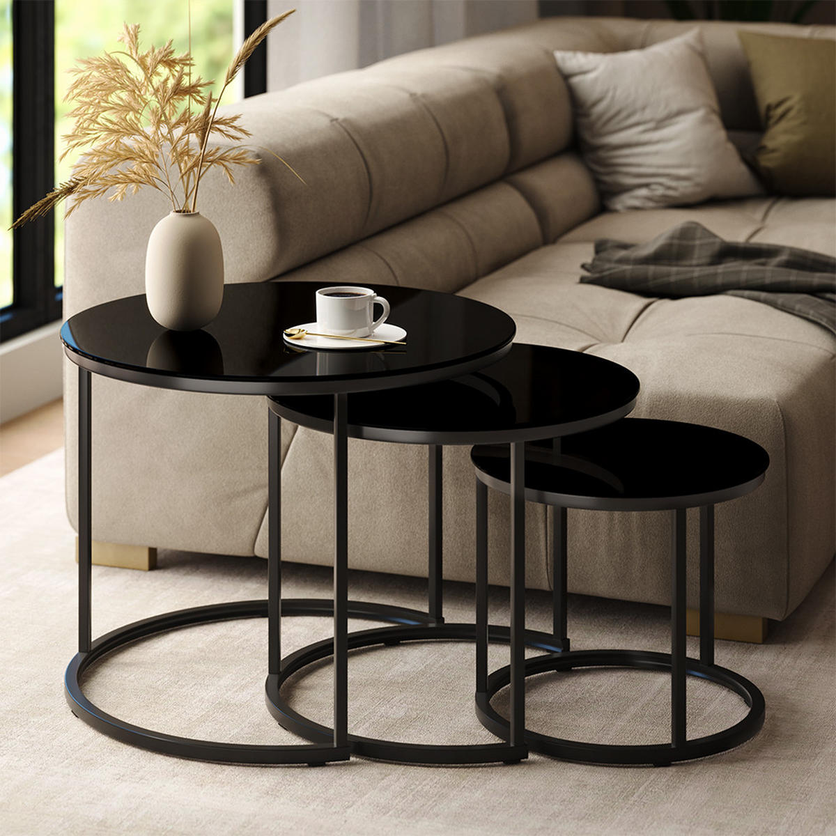 COUCHTISCH-SET Montreal Glas 55 x 55 cm 3 Teile - Klar/Schwarz, Glas (55/55/44.5cm) - Vicco