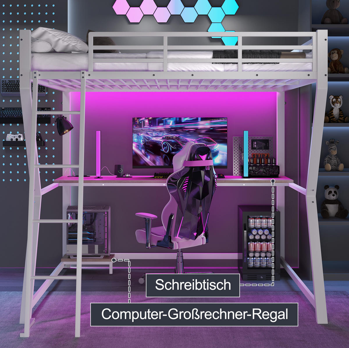 HOCHBETT 140/200 cm Weiß mit LED und Schreibtisch ohne Matratze - Weiß, Metall (140/200cm) - MIVRAY