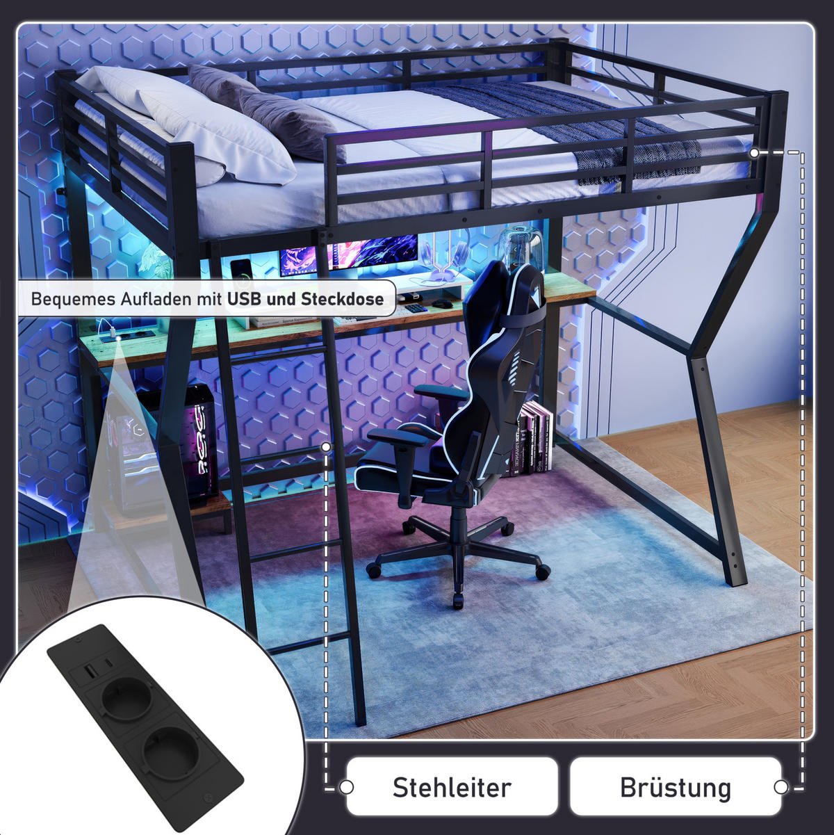 HOCHBETT 90/200 cm Schwarz aus Metall/MDF mit Schreibtisch - Schwarz, Metall (90/200cm) - OKMYHOME