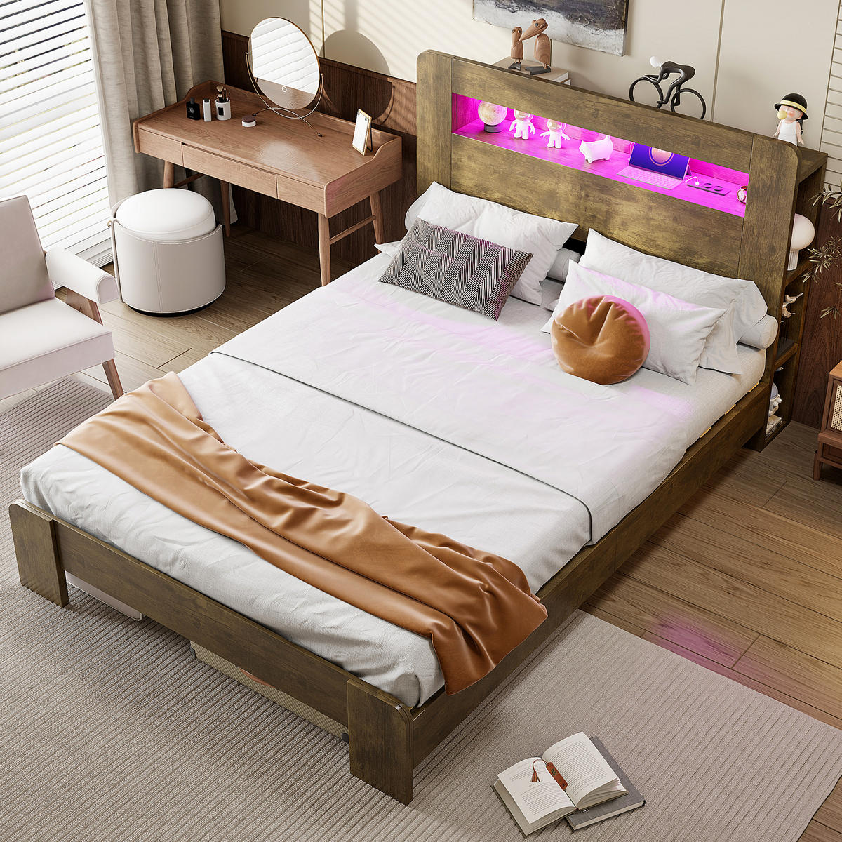 BETT 140/200 cm in Holz mit Stauraum, LED und Steckdosen - Nussbaumfarben, Holz/Holzwerkstoff (140/200cm) - WISHDOR