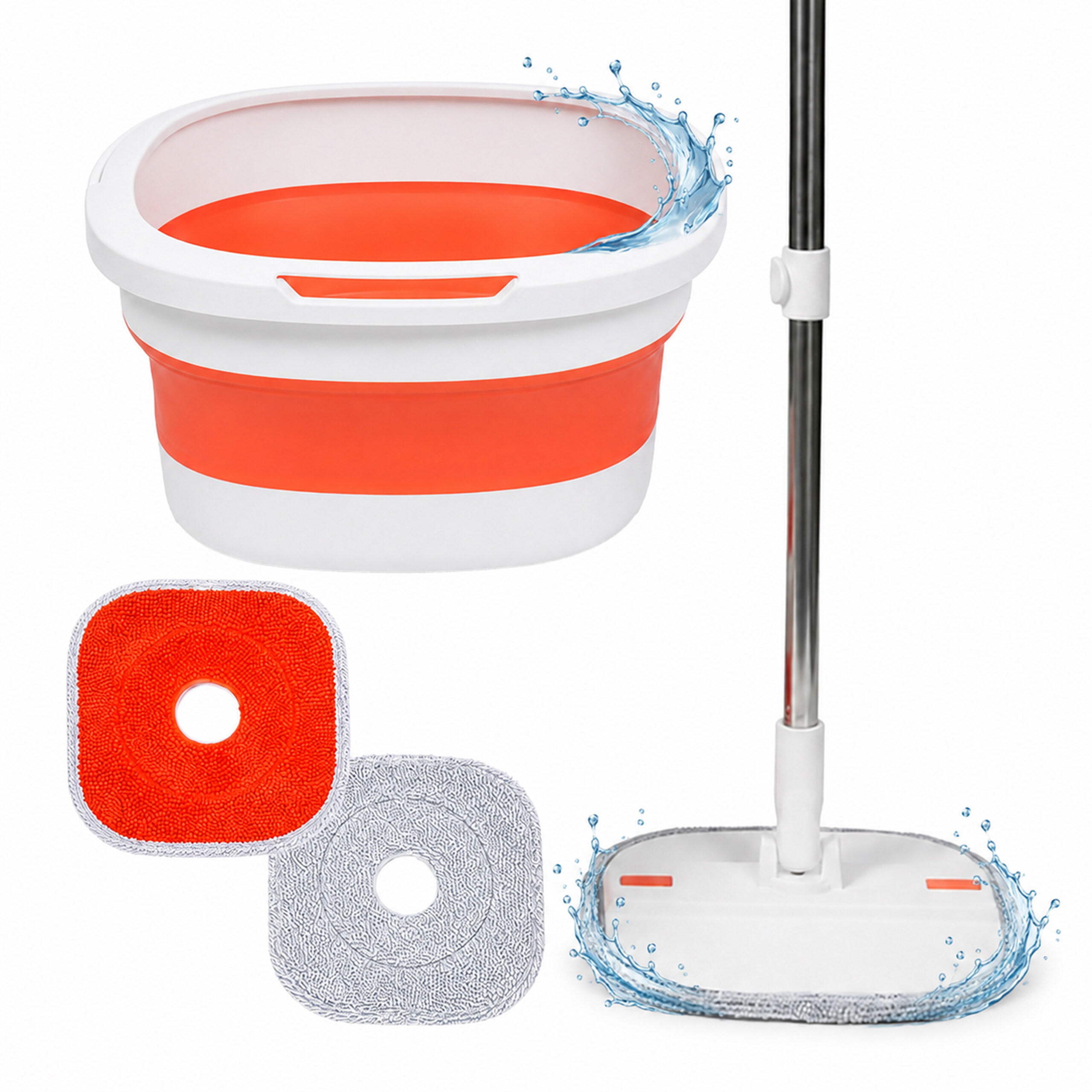 WISCHMOPP-SET Weiß Orange faltbarer Eimer Auswringfunktion 3,8 l 2er-Set Pads - Multicolor, Kunststoff/Textil (34.5/18/34.5cm) - Relaxdays