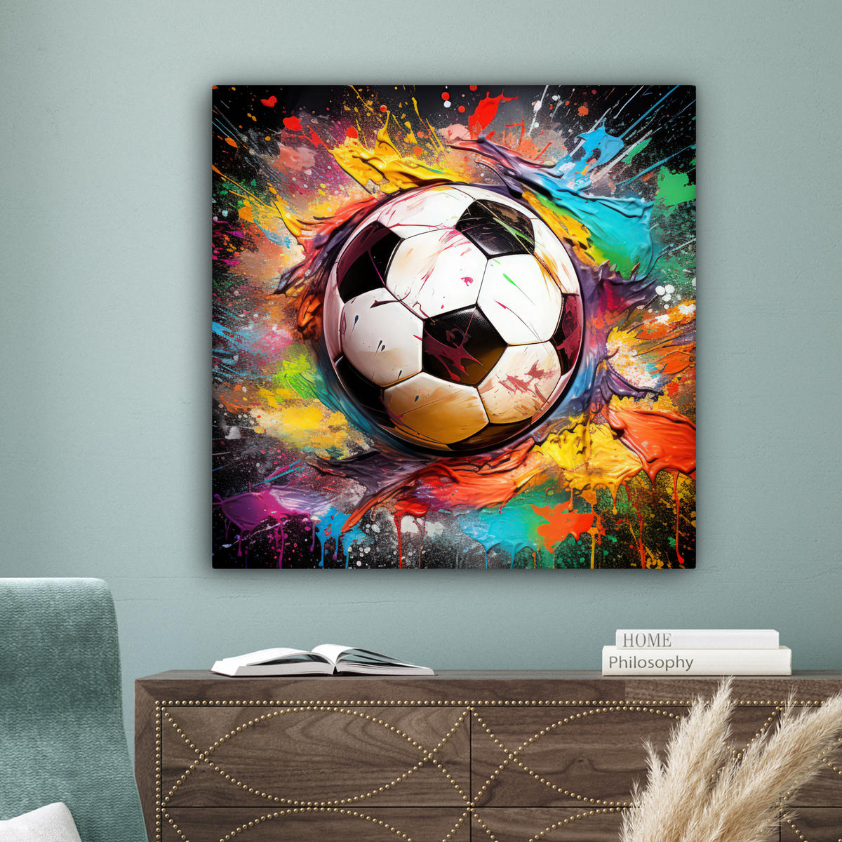 LEINWANDBILD Fußball - Farbe - Farben - Schwarz - Weiß Deko Groß 90x90 cm - Weiß, Textil (90/90cm) - MuchoWow