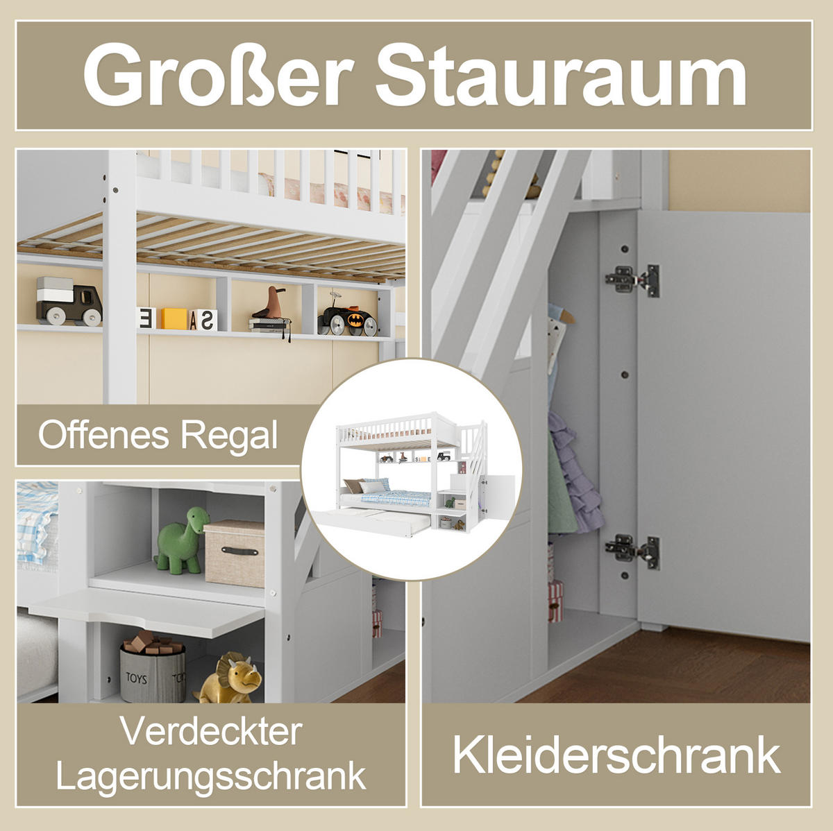 ETAGENBETT 254/95/165 cm aus Kiefernholz mit Ausziehbett und Kleiderschrank Weiß - Weiß, Holz (90/200cm) - Modenvie