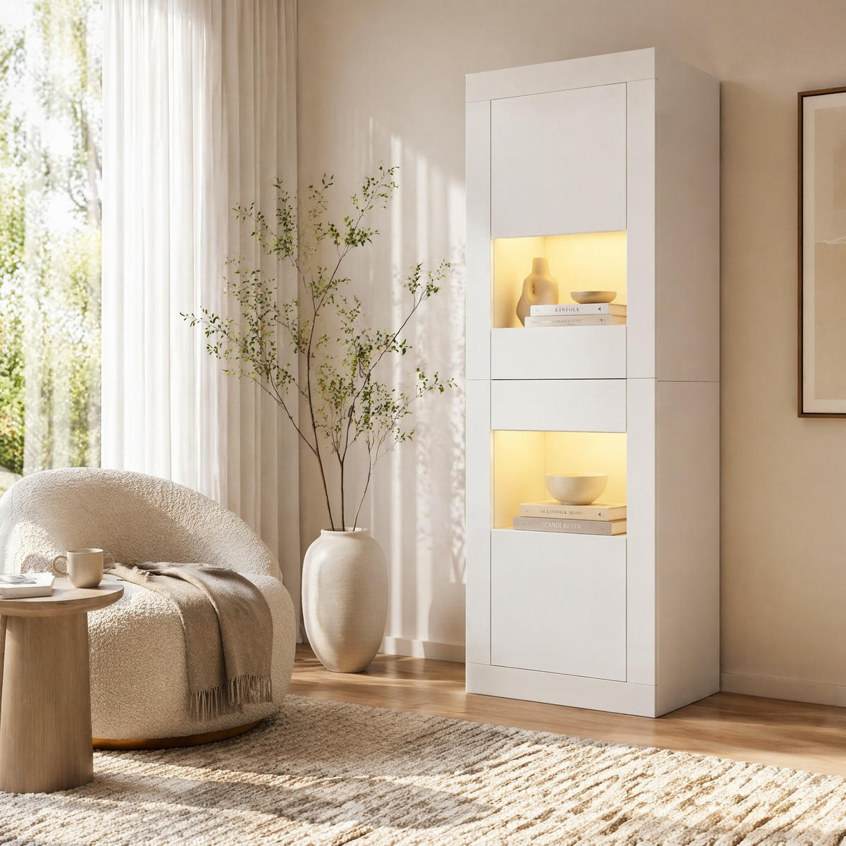 VITRINE in Weiß Highboard mit LED-Beleuchtung und Glasboden für Wohnzimmer und Schlafzimmer, B61/T42/H162 cm - Weiß, Glas/Holzwerkstoff (61/162/42cm) - STILVORA