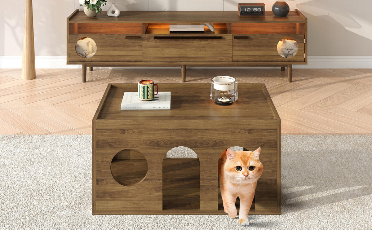 TV-SCHRANK aus MDF und Glas 180x40x50 cm Nussbaumfarben mit LED-Beleuchtung und katzenfreundlichen Türöffnungen - Walnussfarben, Holzwerkstoff (180/50/40cm) - Modfu