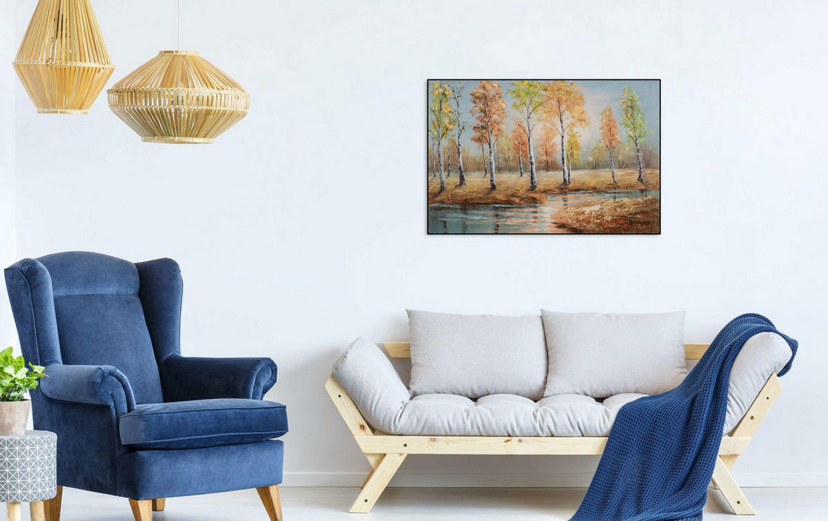 ACRYLBILD HANDGEMALT 90/60 cm - Blau/Orange, Holz/Textil (90/60cm) - KUNSTLOFT