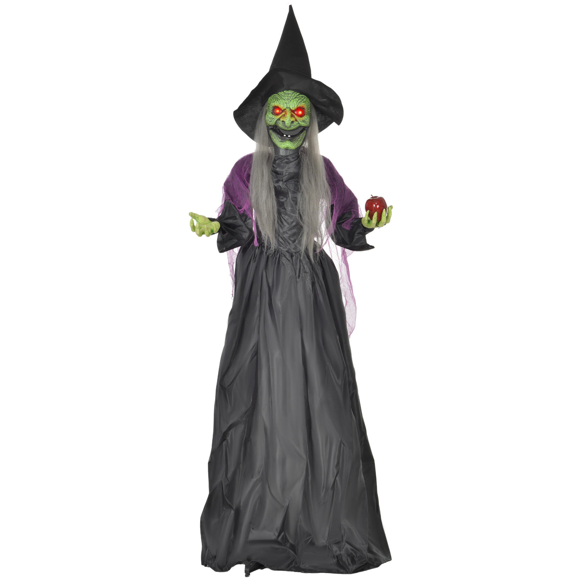 HALLOWEEN DECORATIONS 180cm Halloween-Hexe mit Giftapfel LED-Lichter, Soundfunktion - Schwarz, Kunststoff/Metall (70/180/18cm) - HOMCOM