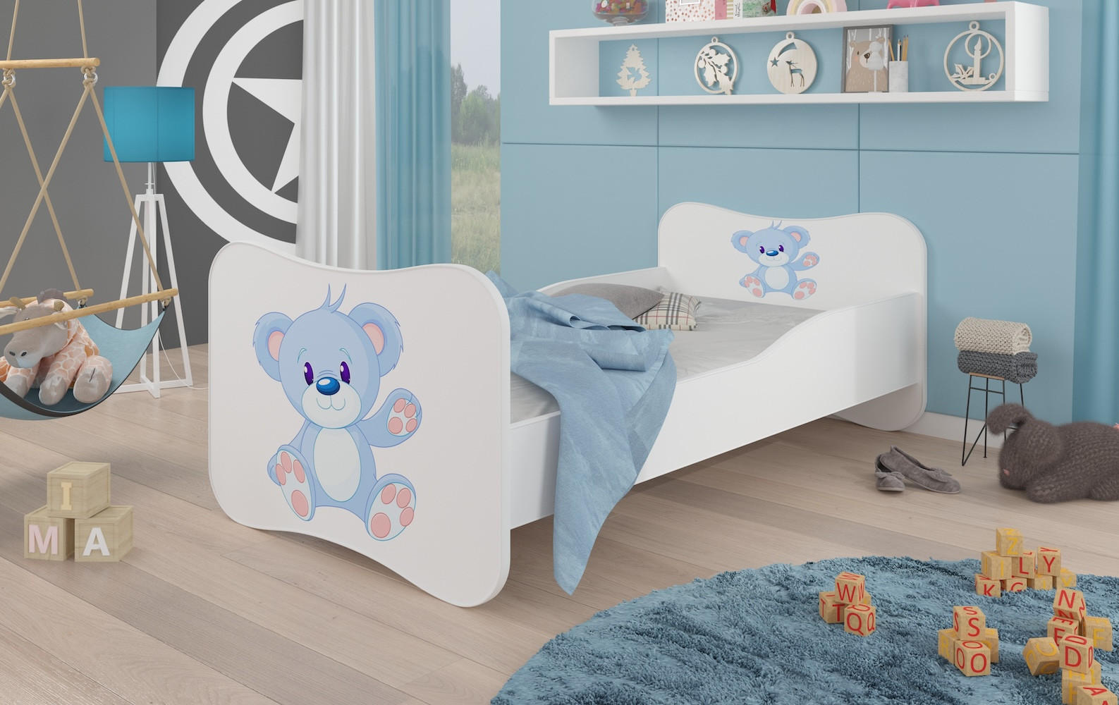 KINDERBETT Gonzalo weiß / hellblau 88 / 164 / 63cm - Weiß/Hellblau, Holz/Holzwerkstoff (80/160cm) - Feldmann-Wohnen