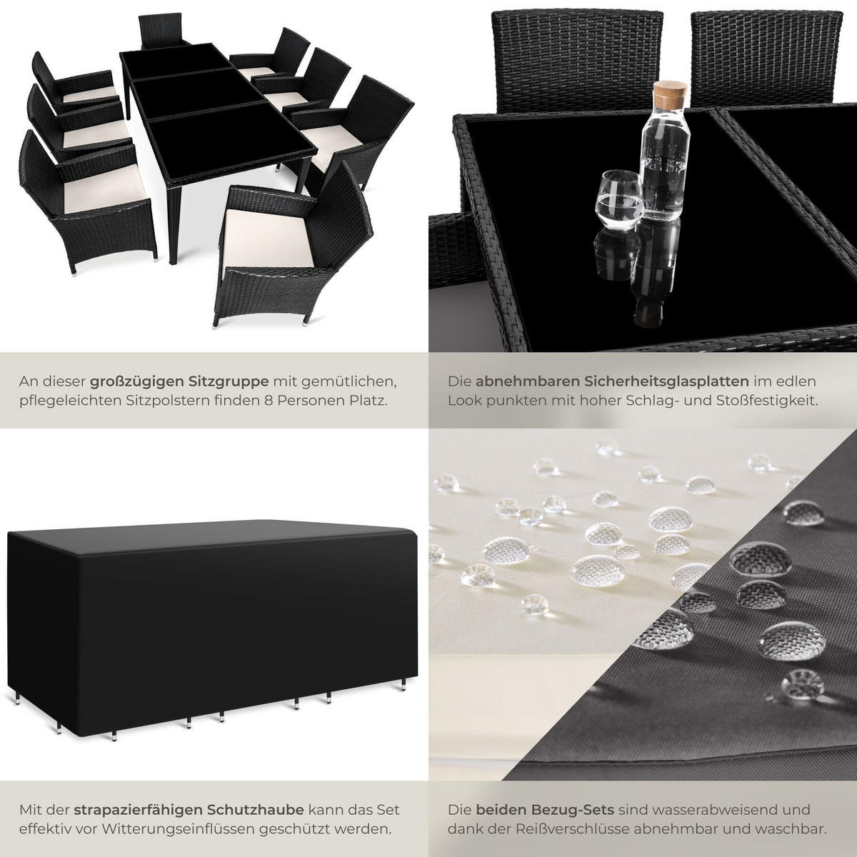 RATTAN-SITZGRUPPE aus Aluminium Menorca, inklusive Schutzhülle, schwarz - Schwarz, Kunststoff - tectake
