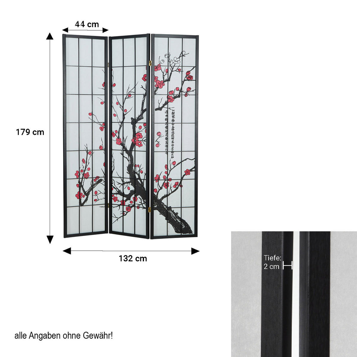 PARAVENT 3-tlg. 132/179 cm Schwarz Kirschmuster - Schwarz, Holz (132/179/2cm) - Homestyle4u