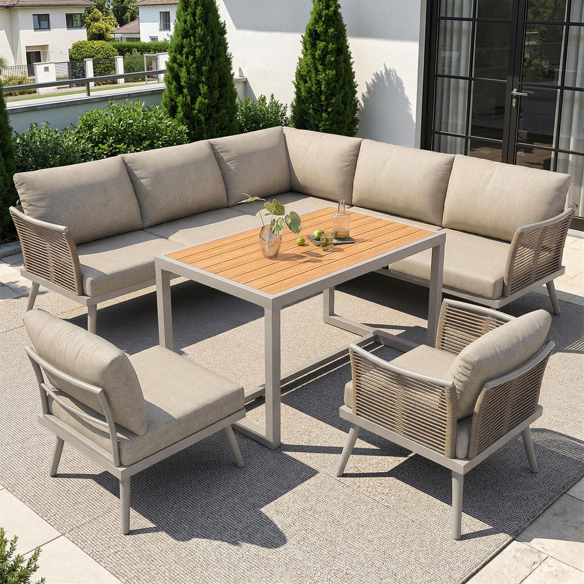 GARTENSET L-Form 7 Personen Grau/Beige Mit Holztisch - Beige, Metall - FLIEKS