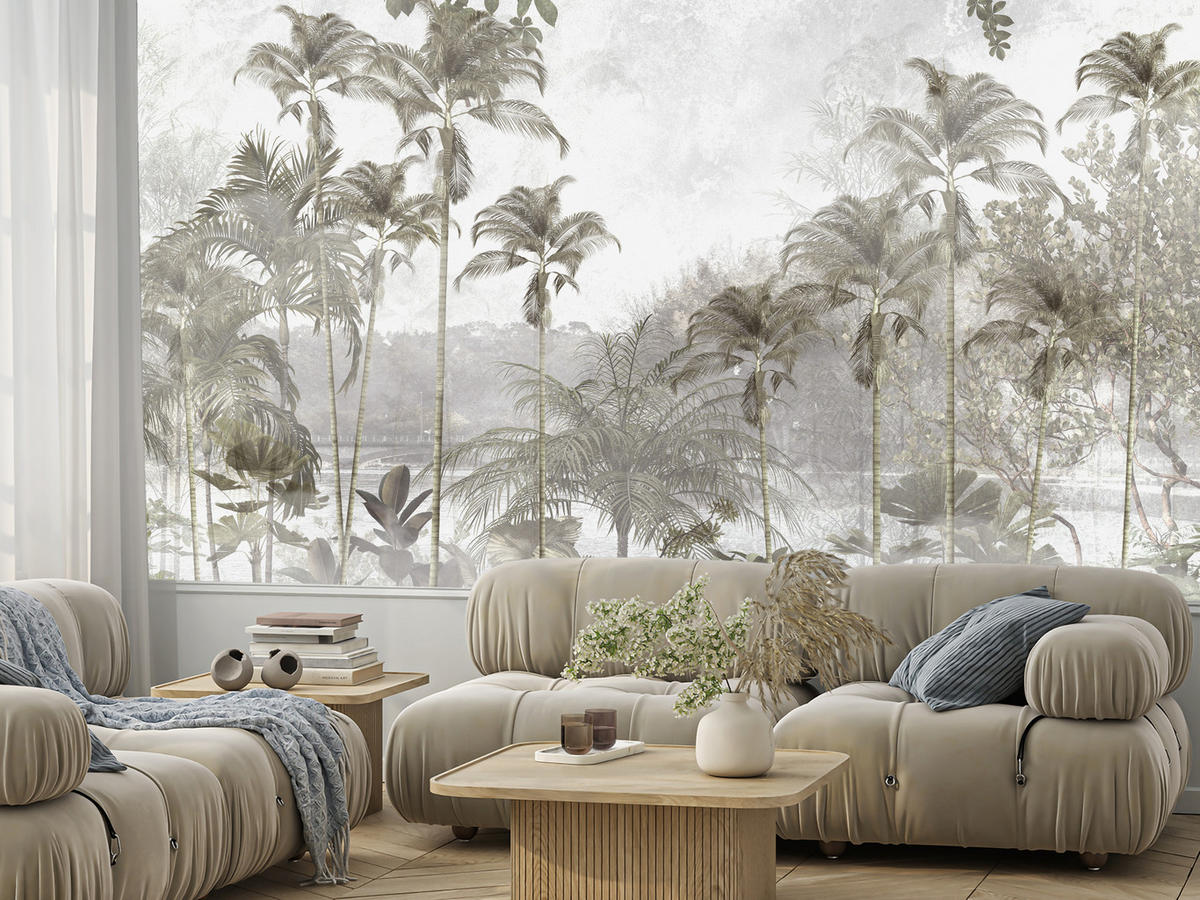 FOTOTAPETE für Wohnzimmer Tropische Bäume Fluss Grau Palmen 400x280 - Beige/Grau, Papier (400/280cm) - Muralo