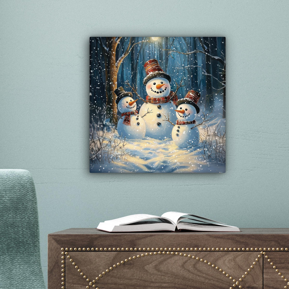 LEINWANDBILD Schneemann - Schnee - Winter - Wald Deko Wohnzimmer 20x20 cm - Hellblau, Textil (20/20cm) - MuchoWow