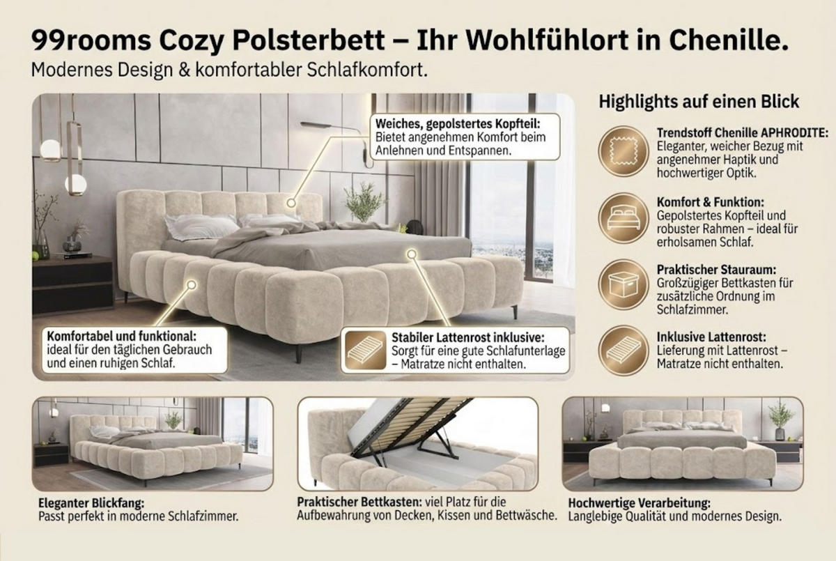 POLSTERBETT COZY Chenille Petrol 140/200 cm - Petrol/Schwarz, Textil/Metall (140/200cm) - 99rooms