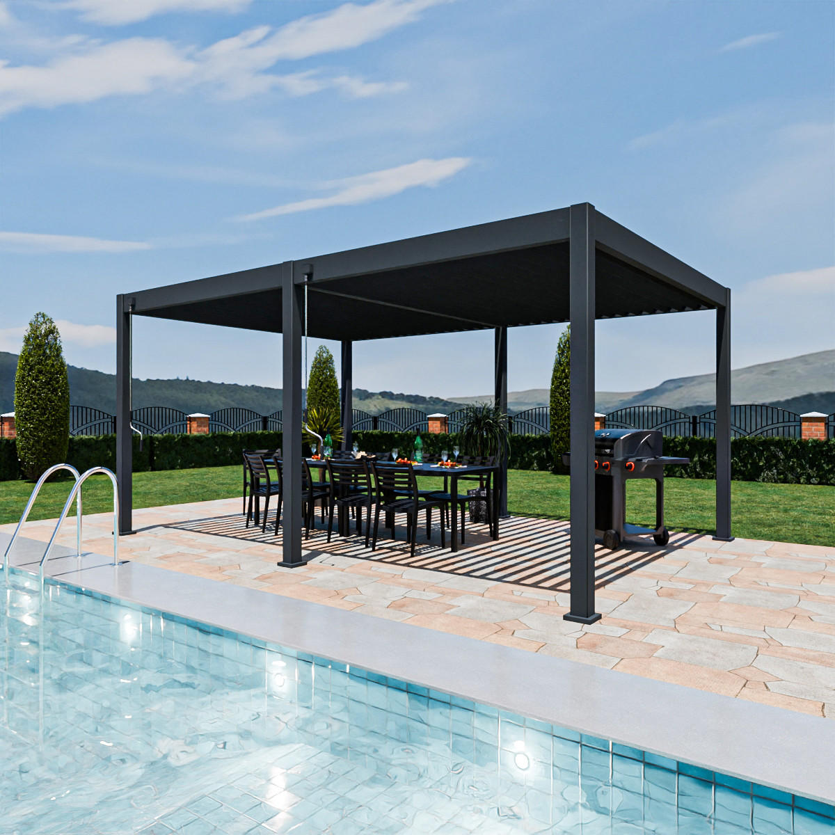 PERGOLA Terrassenüberdachung Superior Aluminium freistehend | 3,6 x 5,3 M | Lamellendach anthrazit - Anthrazit, Metall (530/255/360cm) - PergoLine