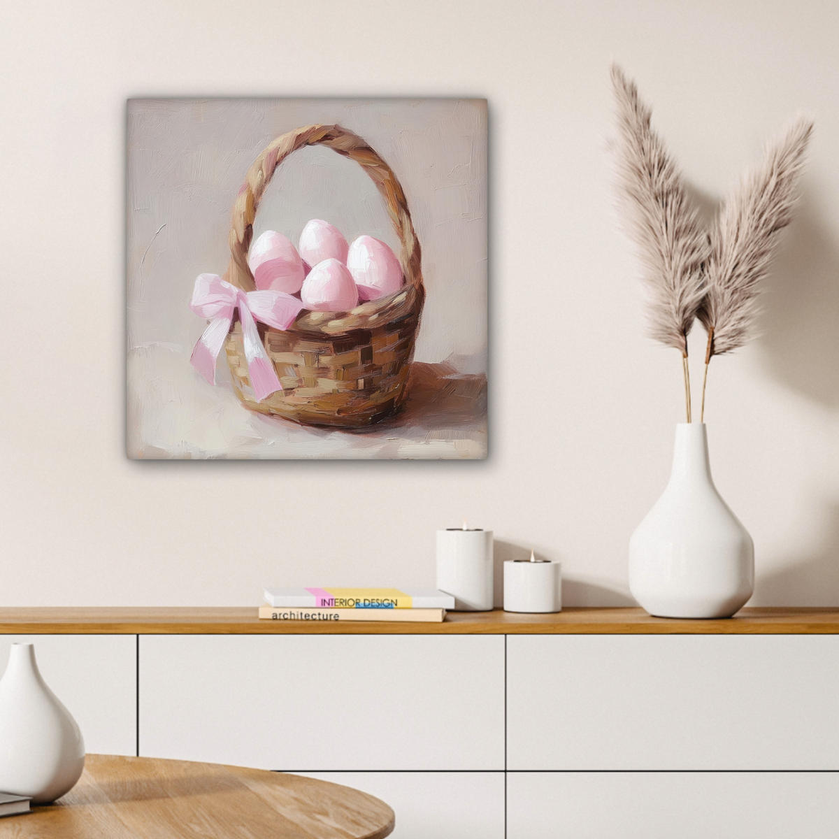LEINWANDBILD Korb - Eier - Rosa Wandbild Wohnzimmer 50x50 cm - Beige, Textil (50/50cm) - MuchoWow