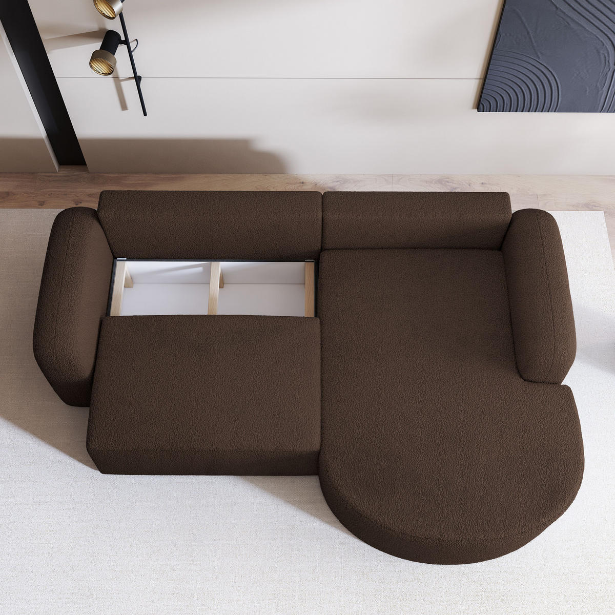 ECKSOFA AMILIA R-S Braun Boucle-Stoff mit Schlaffunktion - Braun, Holz (263/174cm) - MASSENO