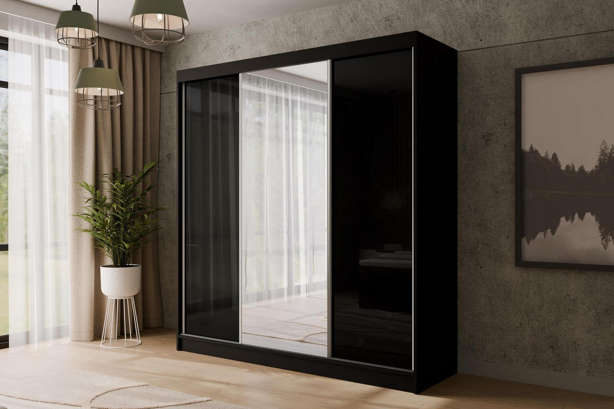 KLEIDERSCHRANK mit Spiegel V2-VITA 215x200 cm - Schwarz - Schwarz, Holzwerkstoff (200/215/61cm) - ALTDECOR