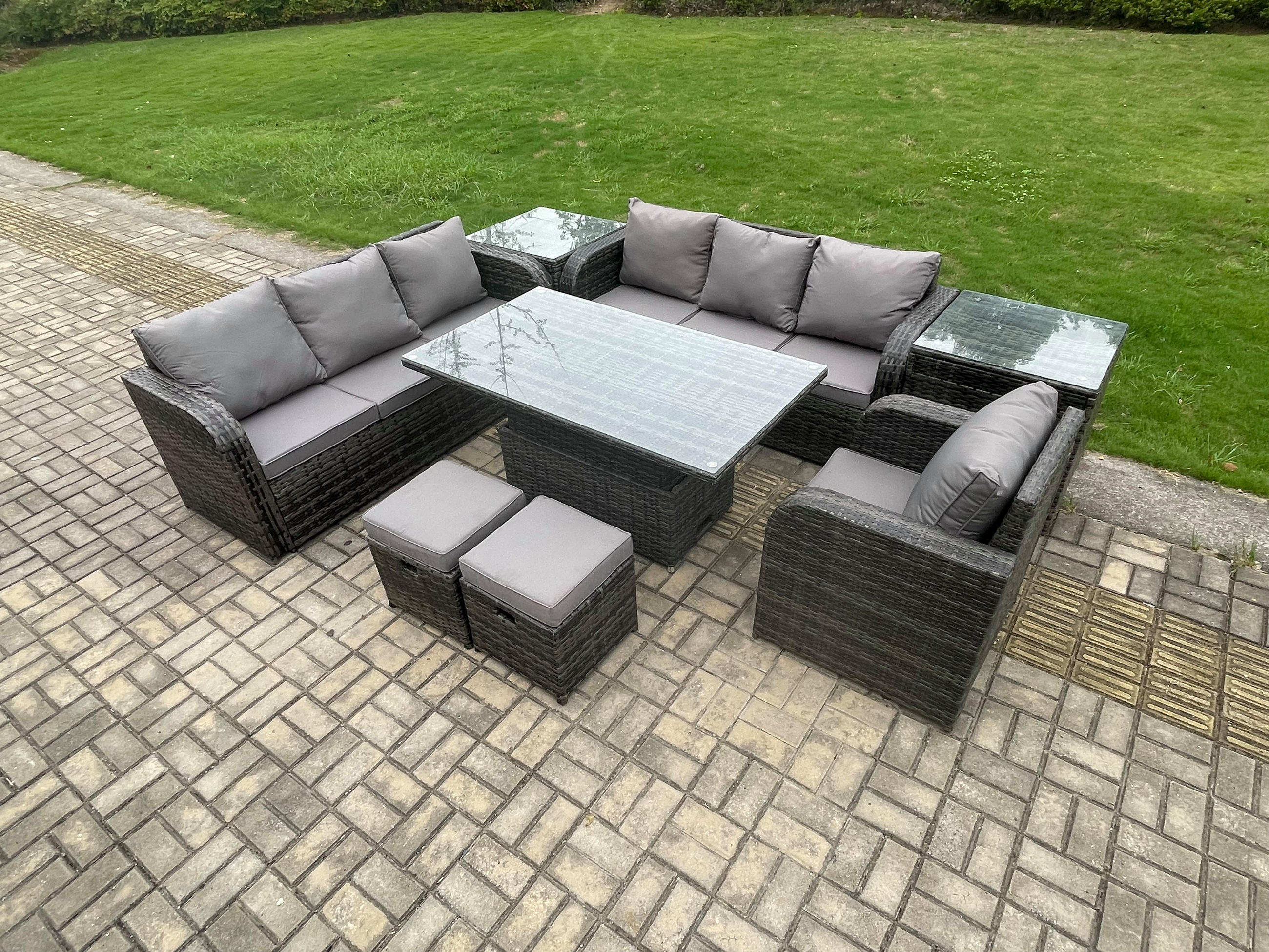 GARTENMÖBELSET mit 2 Hocker Höhenverstellbarer Esstisch 9-Sitzer Grau - Dunkelgrau/Grau, Glas/Kunststoff - Fimous