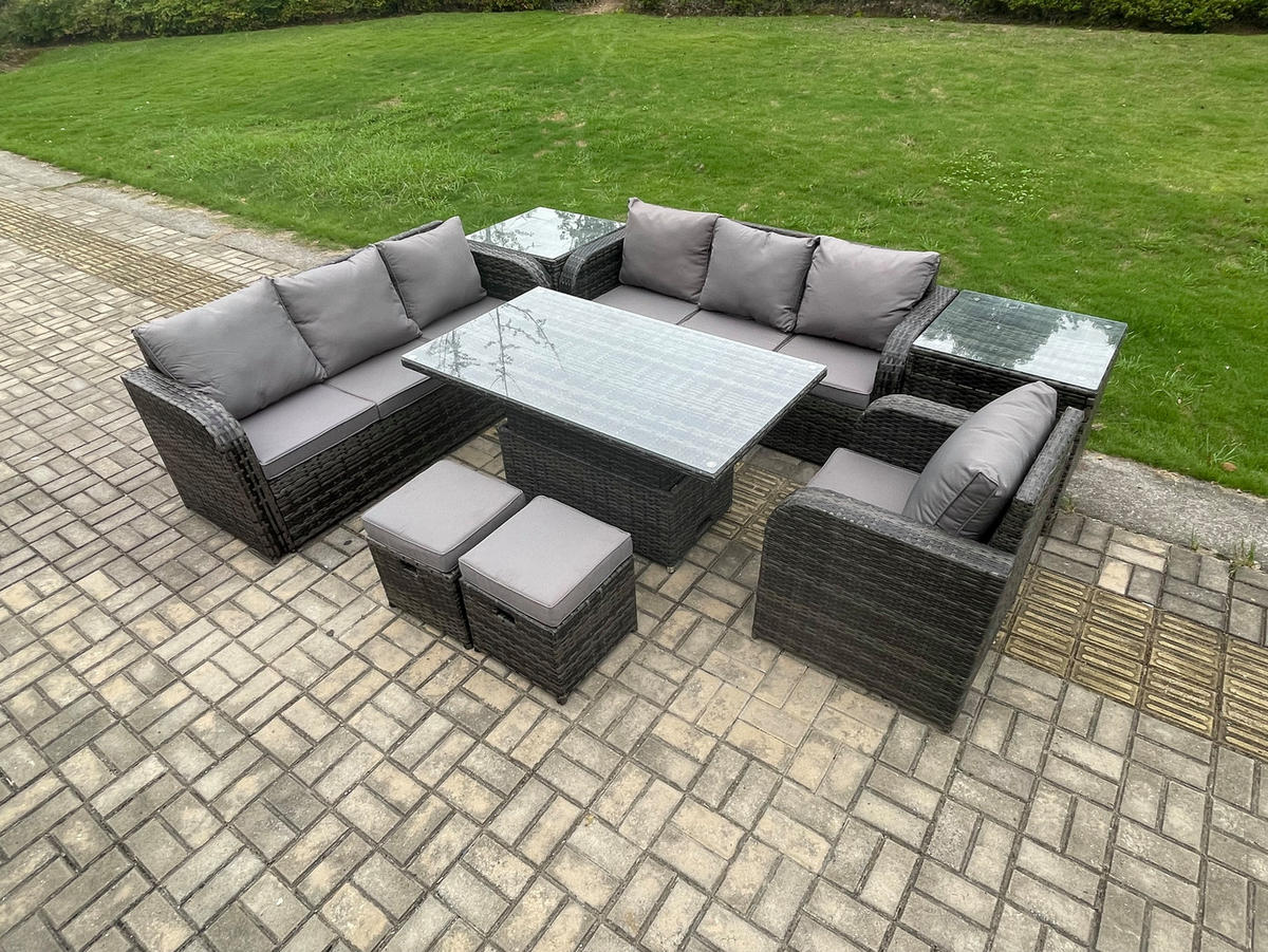 GARTENMÖBELSET mit 2 Hocker Höhenverstellbarer Esstisch 9-Sitzer Grau - Dunkelgrau/Grau, Glas/Kunststoff - Fimous