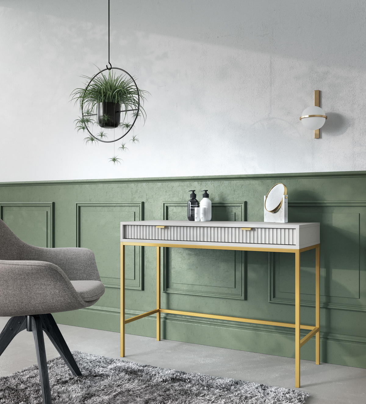 SCHMINKTISCH mit Schublade 104 cm Galla, Geriffelte Fronten, Grau + Gold - Goldfarben/Grau, Holz (104/77/50cm) - Emporius