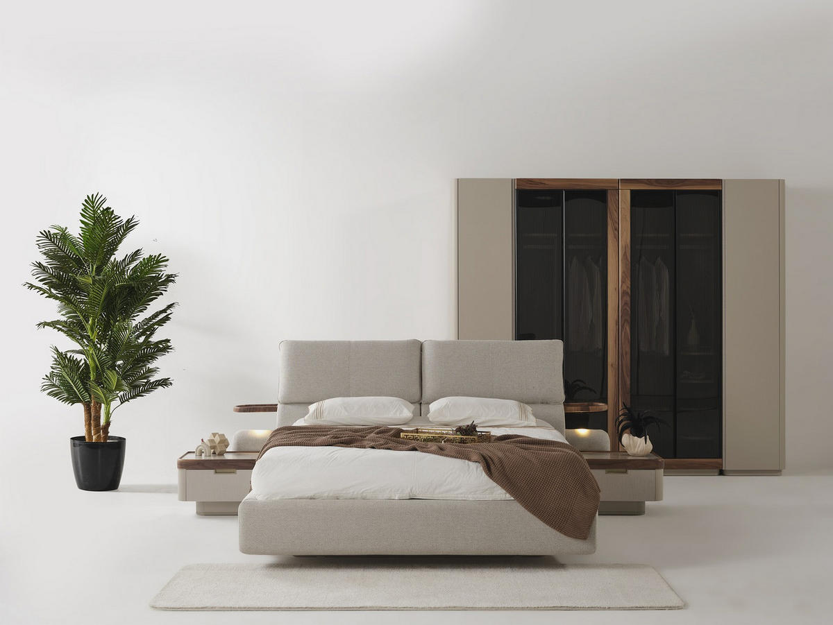 BETTANLAGE Estella Typ-3 Bett mit Kopfteil, 2 Nachttische und Kleiderschrank - Creme, Holzwerkstoff (160/200cm)