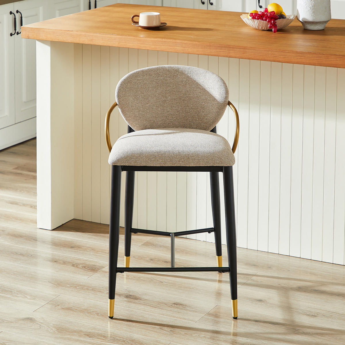 BARHOCKER 2er-Set mit Rückenlehne Chenille Hellbraun Schwarz-Gold - Hellbraun, Metall (52/87/57cm) - Meubliv