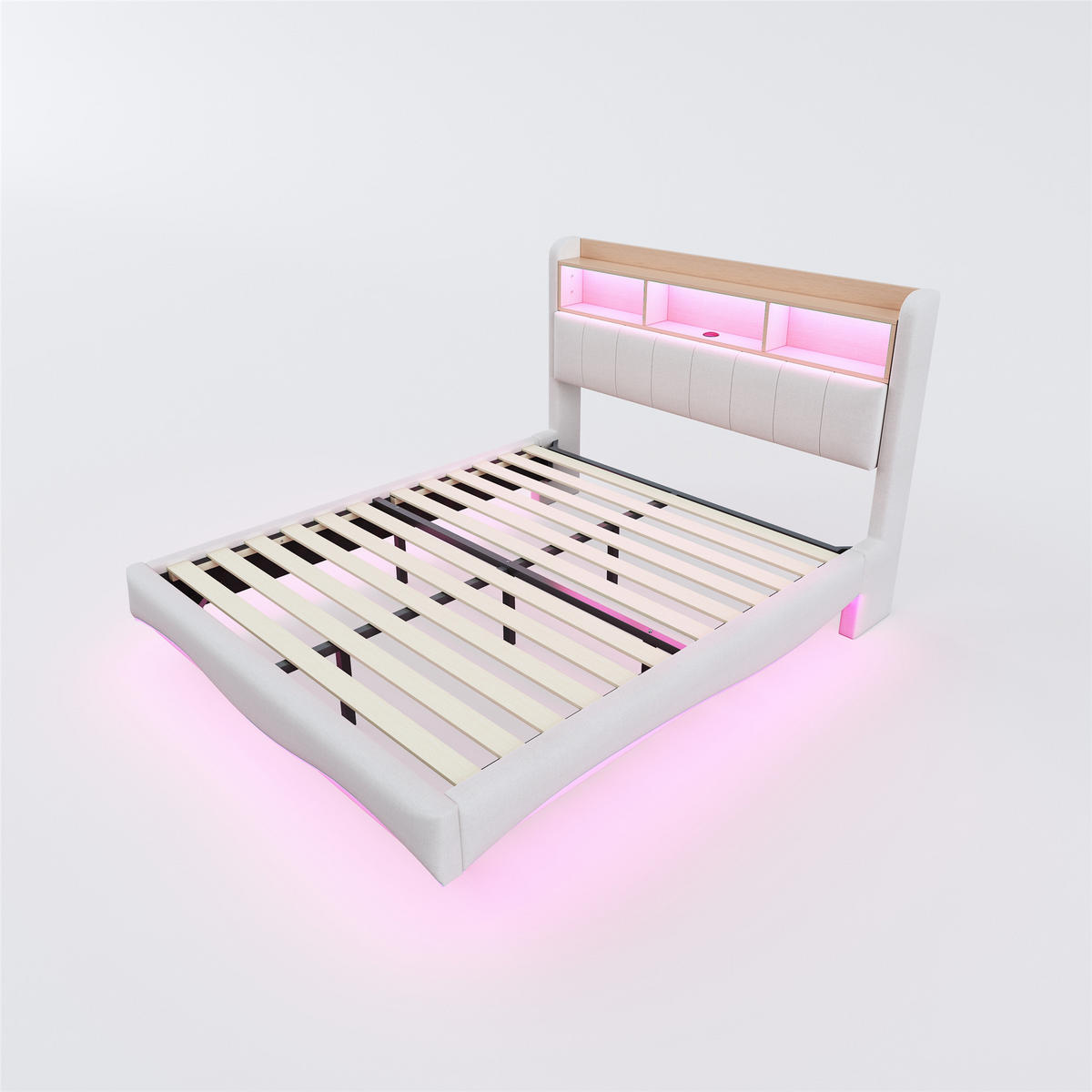 POLSTERBETT 160/200 cm aus Leinenstoff mit LED-Beleuchtung und USB- und Type-C-Anschlüssen beige - Beige, Textil (160/200cm) - OKWISH