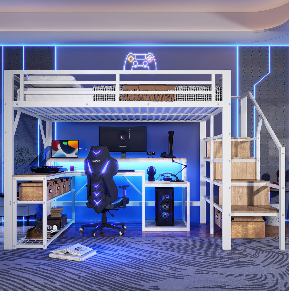 HOCHBETT 140/200 cm mit Schreibtisch, LED-Beleuchtung, USB-Anschluss und Stauraum, Metall/MDF, Weiß - Weiß, Metall (140/200cm) - Redom