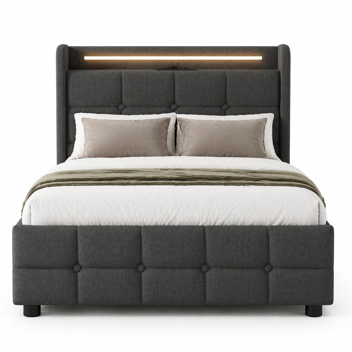 POLSTERBETT 90/200 cm in Grau mit 2 Schubladen, LED und USB - Grau, Holzwerkstoff/Textil (90/200cm) - CHICFURN