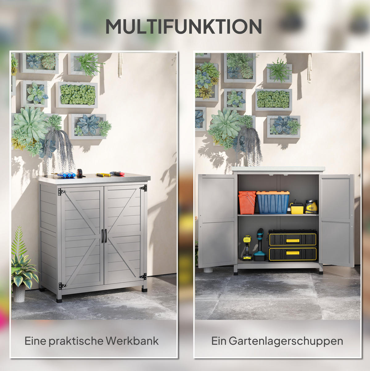 GARTENSCHRANK aus Massivholz 79x40x92 cm Grau mit verzinkter Tischplatte - Grau, Holz (40/92/79cm) - Modfu