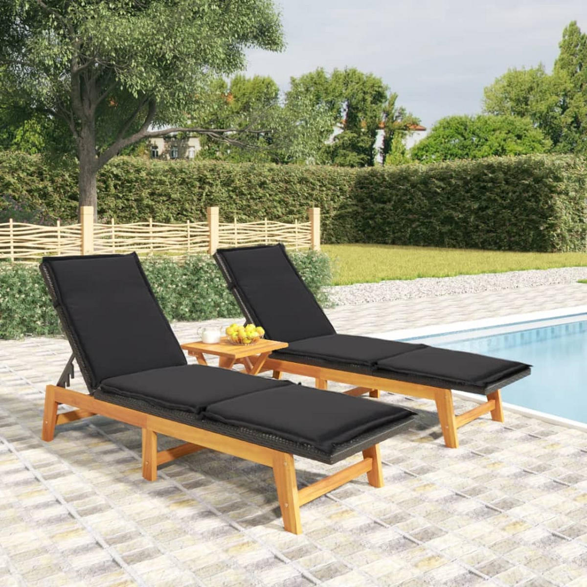 SONNENLIEGEN mit Auflagen 2 Stk. Poly Rattan Massivholz - Schwarz, Holz (54/87/200cm) - furnicato