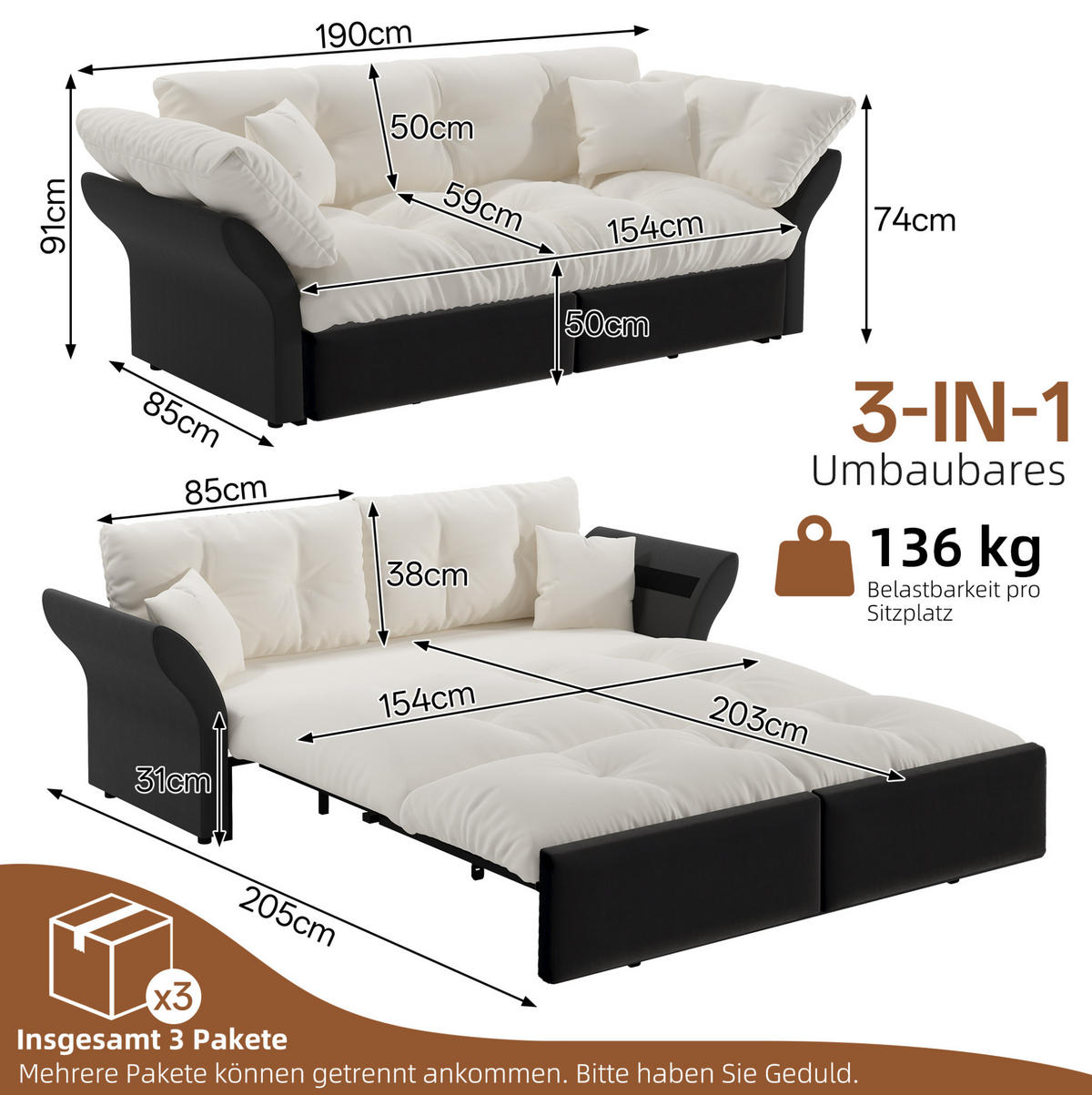 SCHLAFSOFA 190/85/91 cm, 3-in-1 ausziehbar mit Veloursbezug und 2 Kissen, Beige/Weiß - Beige, Textil (190/91/85cm) - Redom