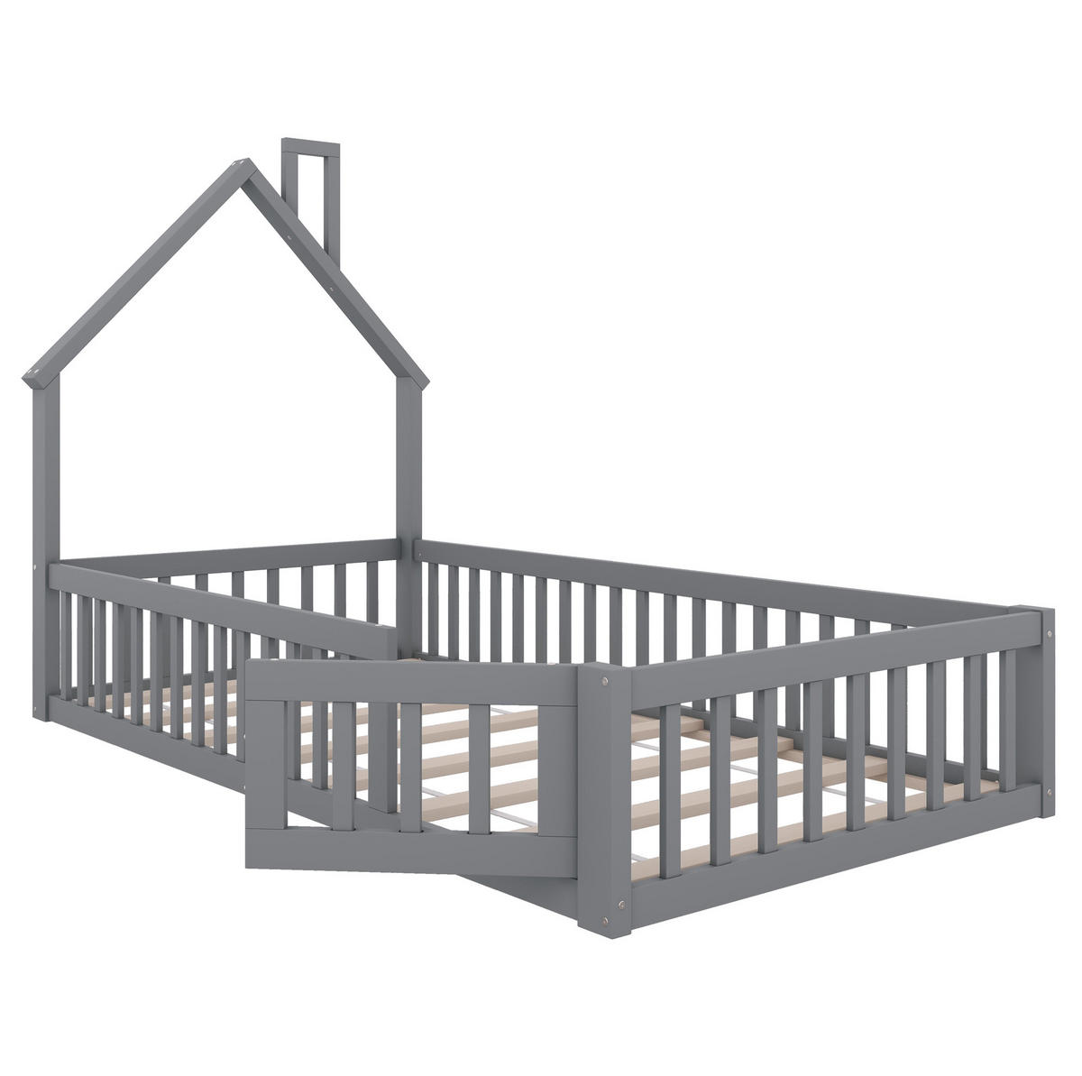 KINDERBETT Kindereinzelbetten 90/200 cm mit Lattenrost, Sicherheitsgitter und Schornstein-Design aus Kiefer, Grau - Grau, Holzwerkstoff (90/200cm) - Redom