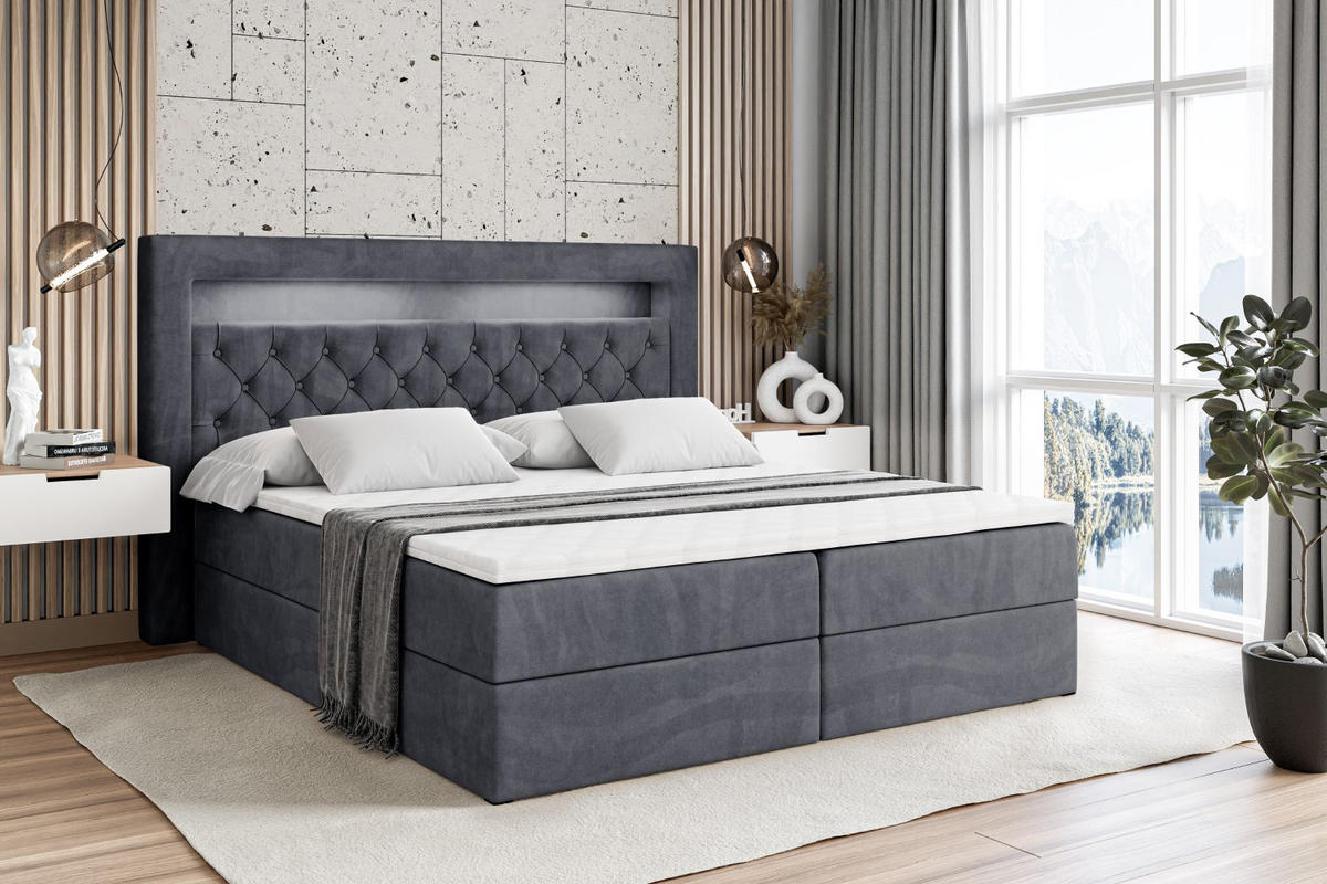 BOXBETT LED mit H3-Matratze und Lattenrost - NOEL GOLD - 180x200 Dunkelgrau - Dunkelgrau, Holzwerkstoff (180/200cm) - ALTDECOR