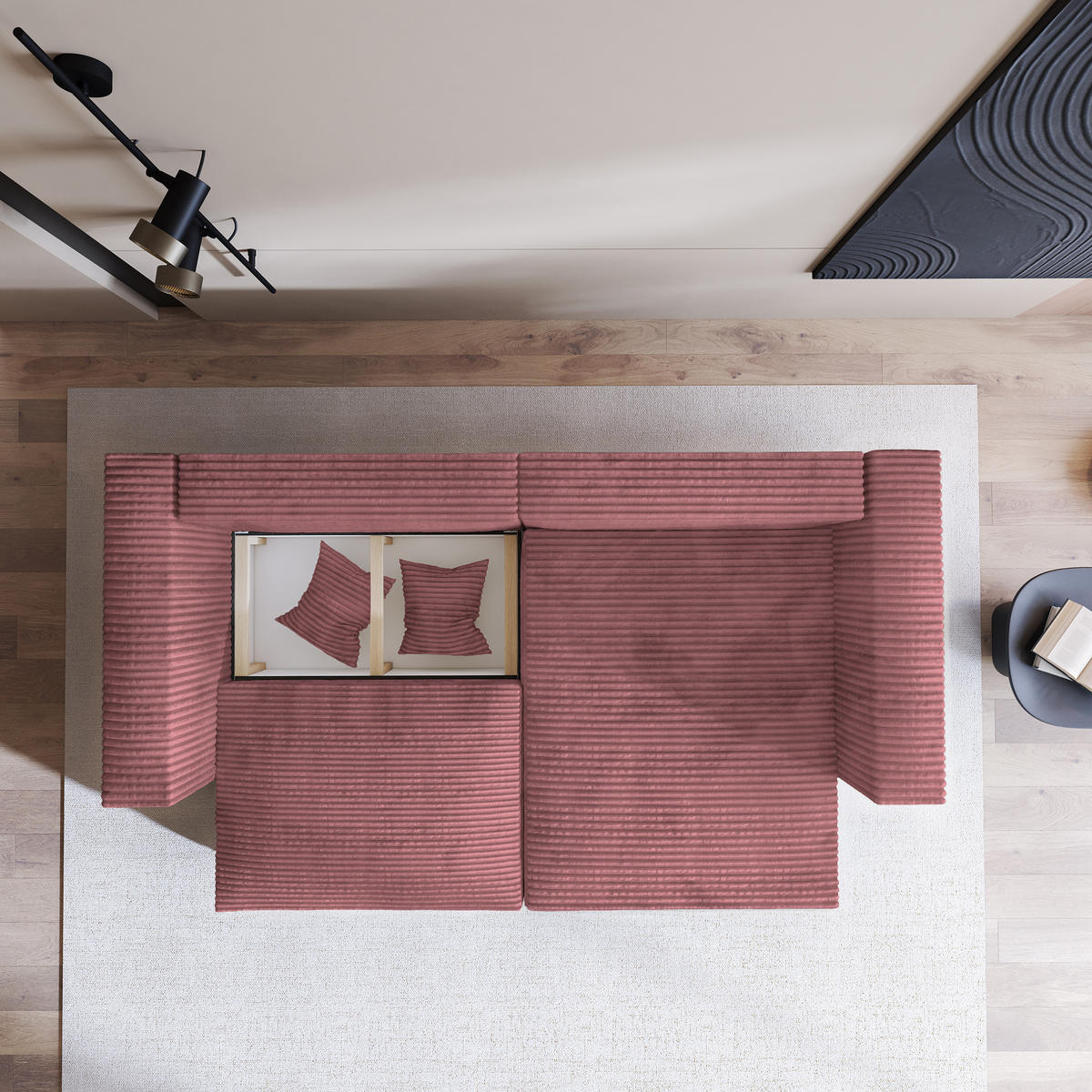 ECKSOFA NERIO Rosa Kordstoff mit Schlaffunktion - Rosa, Holz (245/148cm) - MASSENO