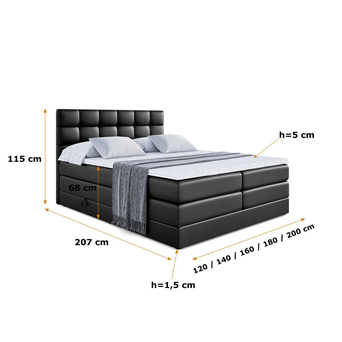 BOXSPRINGBETT BRUGO KING - 120 x 200 - H3/H4 - Schwarz Hochglanz - Schwarz Hochglanz, Holzwerkstoff (120/200cm) - ALTDECOR