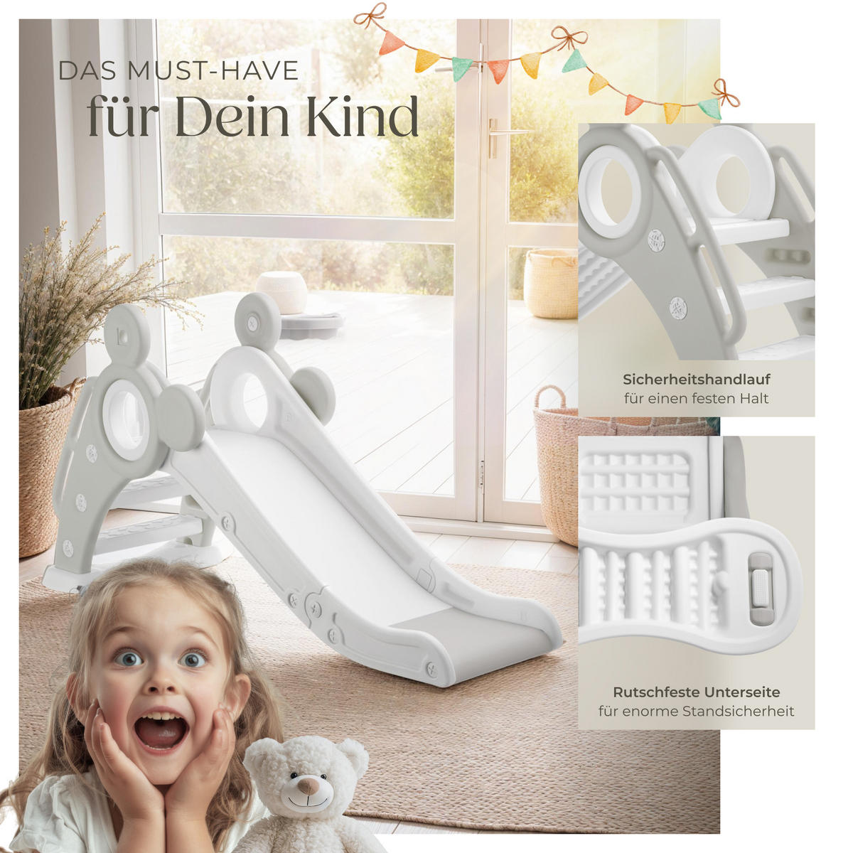 KINDERRUTSCHE Joy,Belastbarkeit 50 kg, 128 x 66,5 x 67,5 cm,grau - Grau, Kunststoff (66.5/67.5/128cm) - tectake