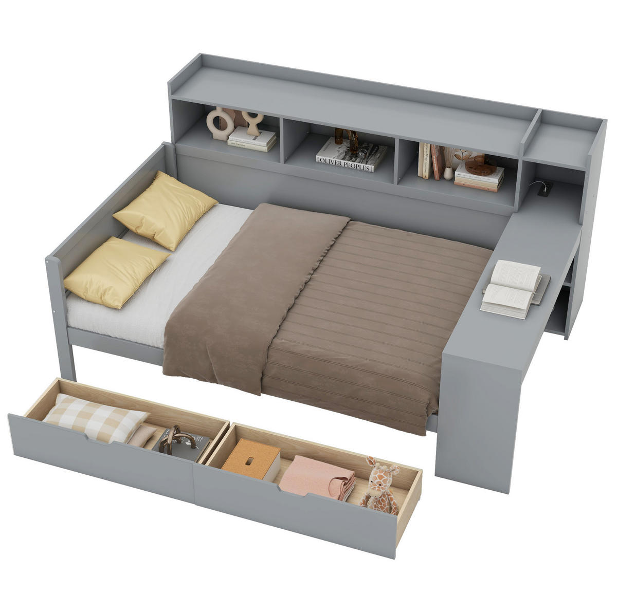 BETT 90/200 cm Grau mit Schreibtisch, 2 Schubladen und USB-Anschluss - Grau, Holzwerkstoff (90/200cm) - Flora Grace