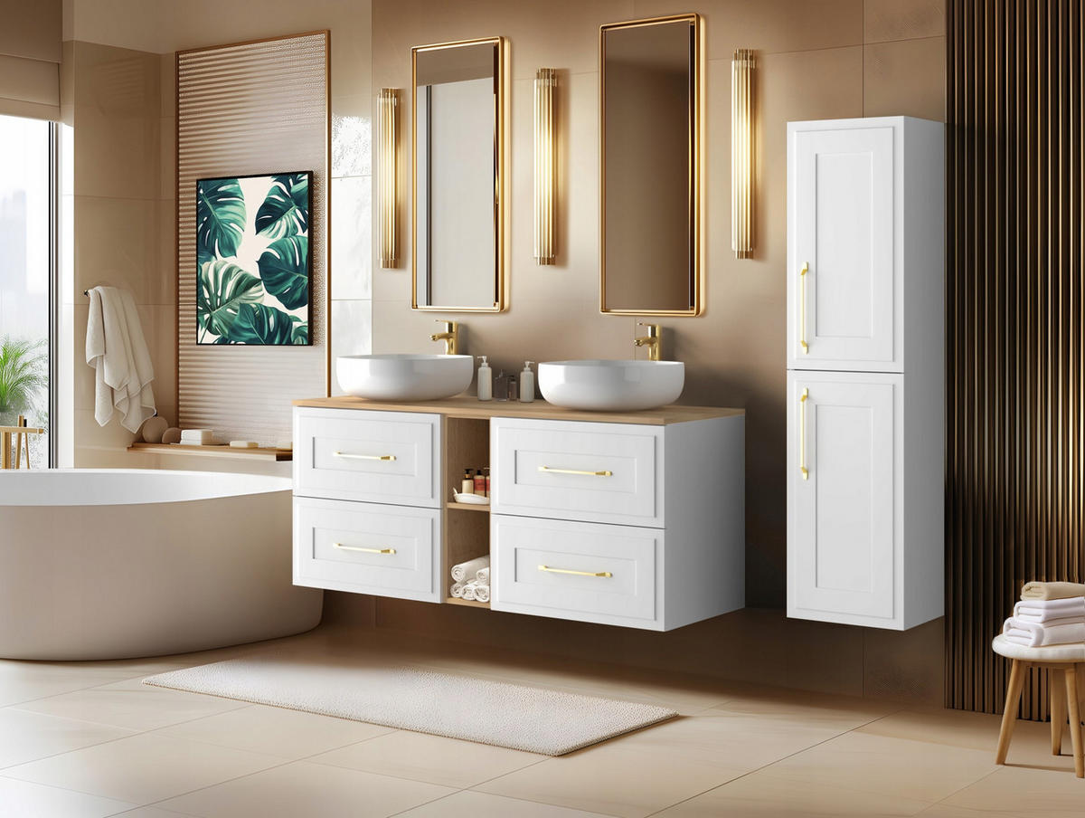 WASCHBECKUNTERSCHRANK CLASSIC 140 cm mit Arbeitsplatte Farbe: Eichen Craft mit einer Mattweißen Platte - Eichefarben/Weiß, Holzwerkstoff (140/58/46cm) - Rodan