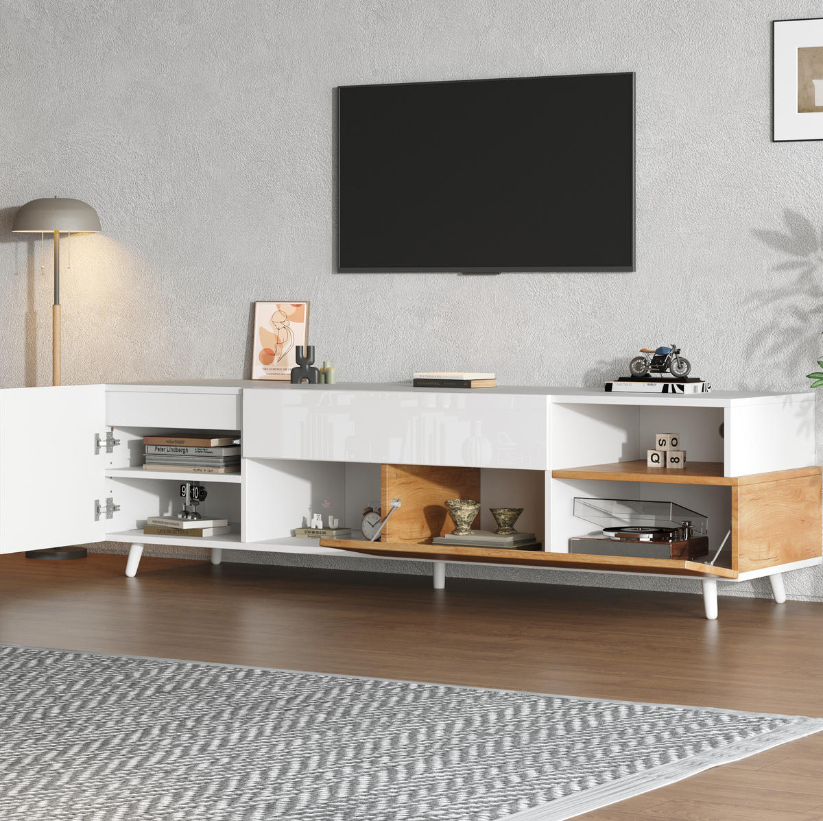 TV ormarić 180/38/50 cm bijeli i boje prirodnog drva od iverala s visokim sjajem i ladicom - svijetlo smeđa, drvni materijal (180/50/38cm) - OKWISH