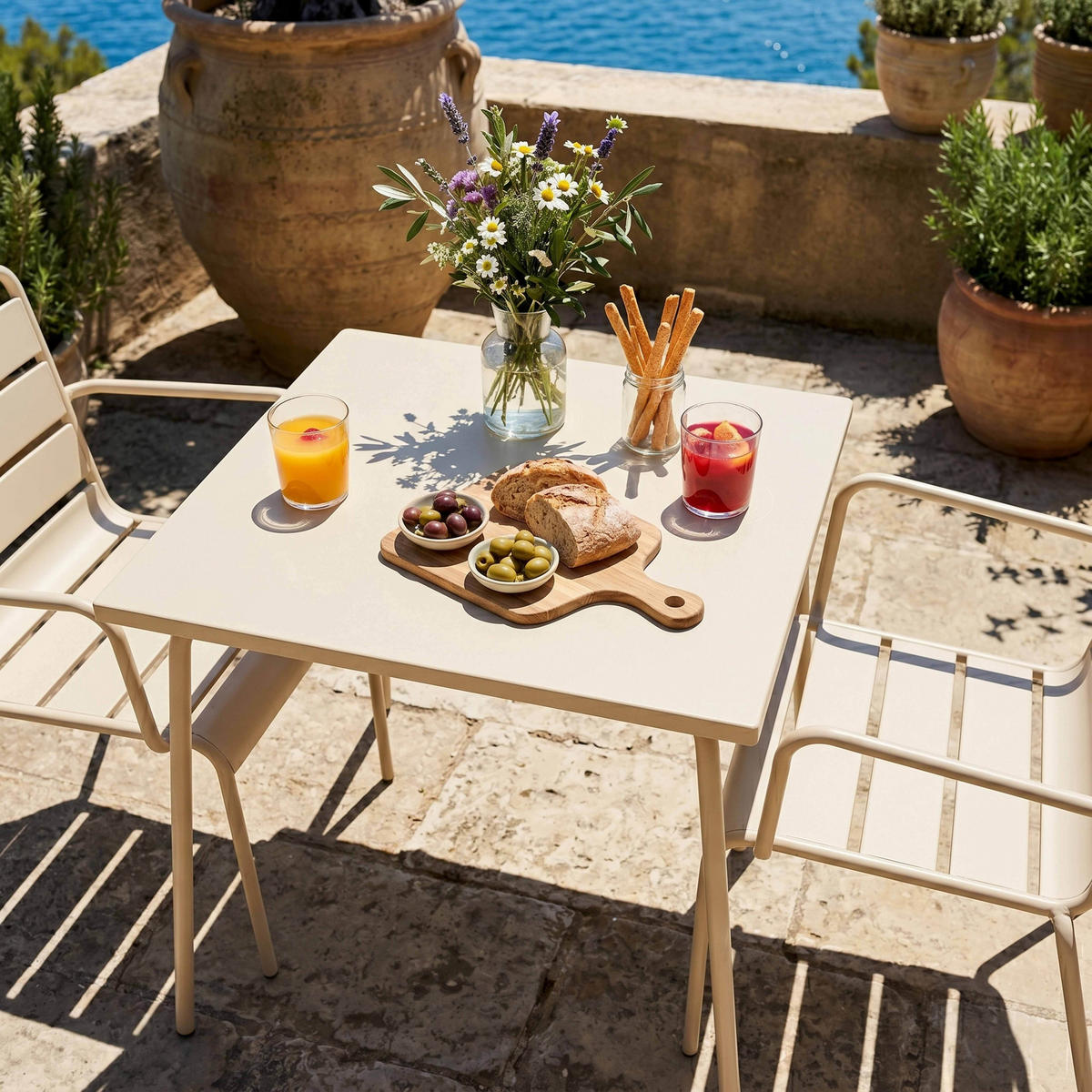 GARTENSET 3-tlg., Elfenbeinfarbe - Beige, Metall - Oviala