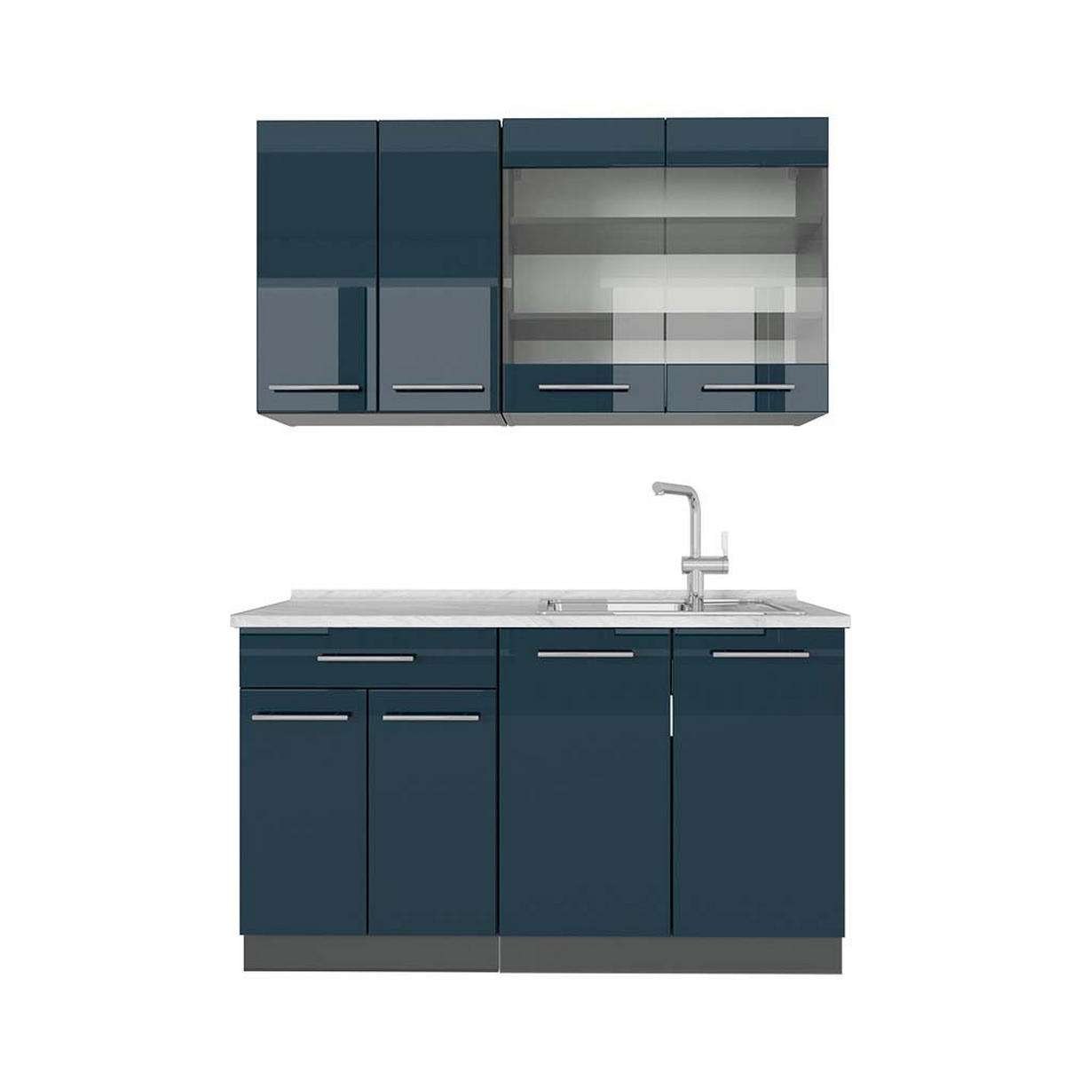 SINGLEKÜCHE Fame-Line Dunkelblau Hochglanz/Anthrazit 140 cm, AP Marmor - Anthrazit/Dunkelblau, Holzwerkstoff (140/81.6/60cm) - Vicco