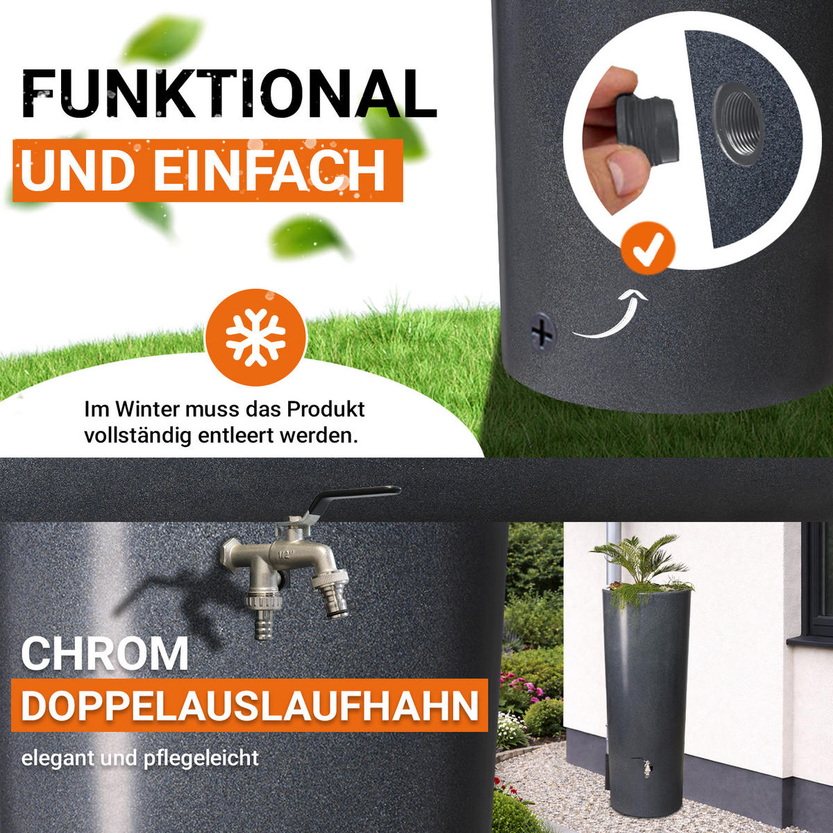 2IN1 Regentonne Komplett-Set 350 L, lava inkl. Chrom-Doppelauslaufhahn und Fallrohranschluss - Grau, Kunststoff (62/150/80cm) - GARANTIA
