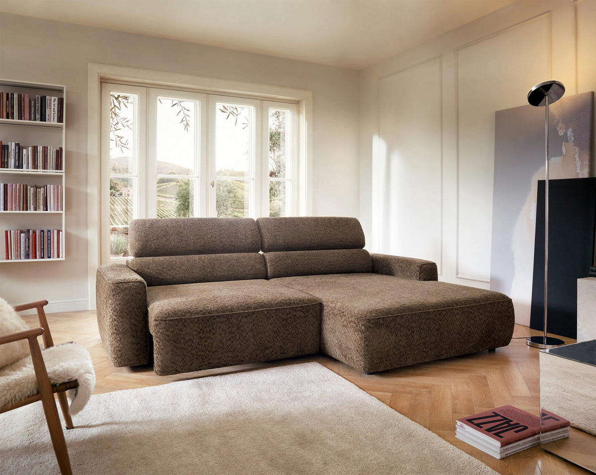 ROHOVÁ pohovka Fando s elektricky výsuvným sedákem, světle hnědý ženil - černá/světle hnědá, textil/plast (182/252cm) - Selsey