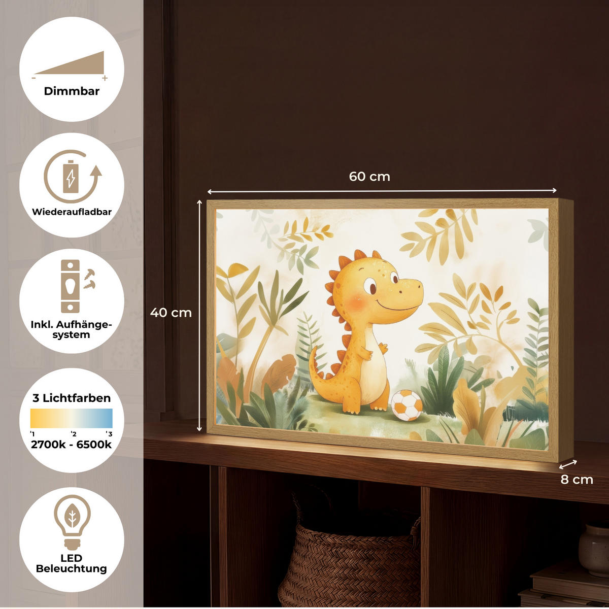 NACHTTISCHLAMPE MIT AKKU Dino - Fußball - Orange 60x40 cm - Beige, Holzwerkstoff (8/60/40cm) - OnlyWow