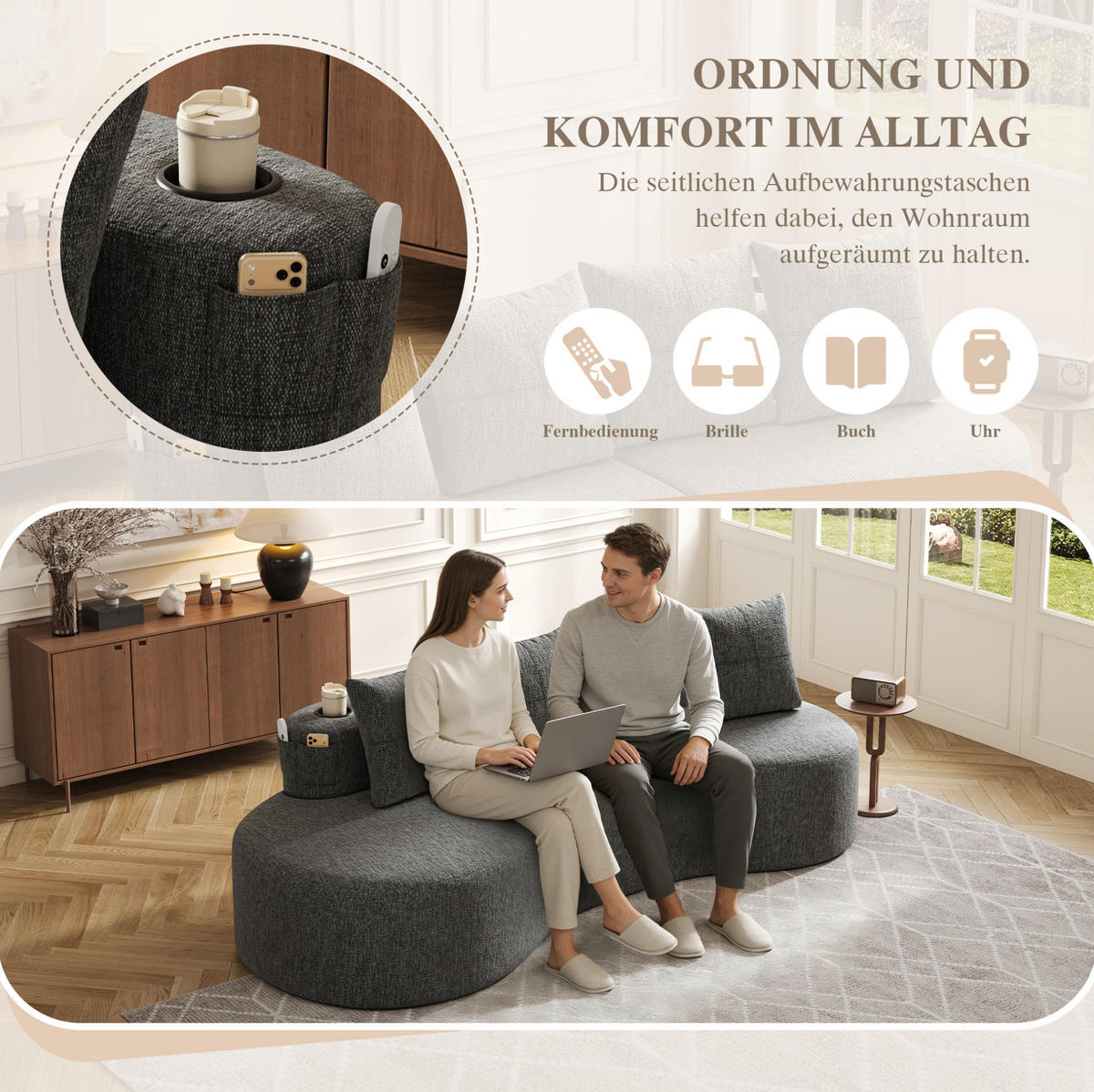 SOFA mit 4 Kissen 240 x 109 x 60 cm Leinen Dark Gray - Dunkelgrau, Kunststoff (109/63/240cm) - Meubliv